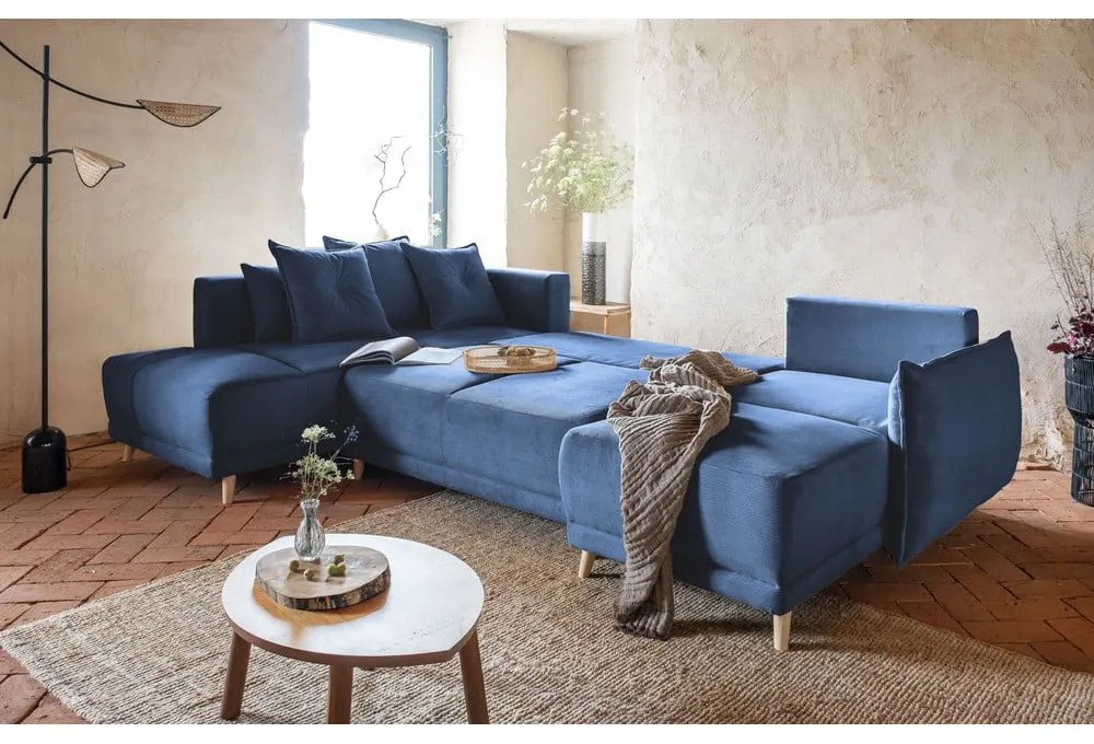 Divano letto angolare in velluto a coste blu scuro (angolo sinistro/"U") Lazy Lukka - Miuform