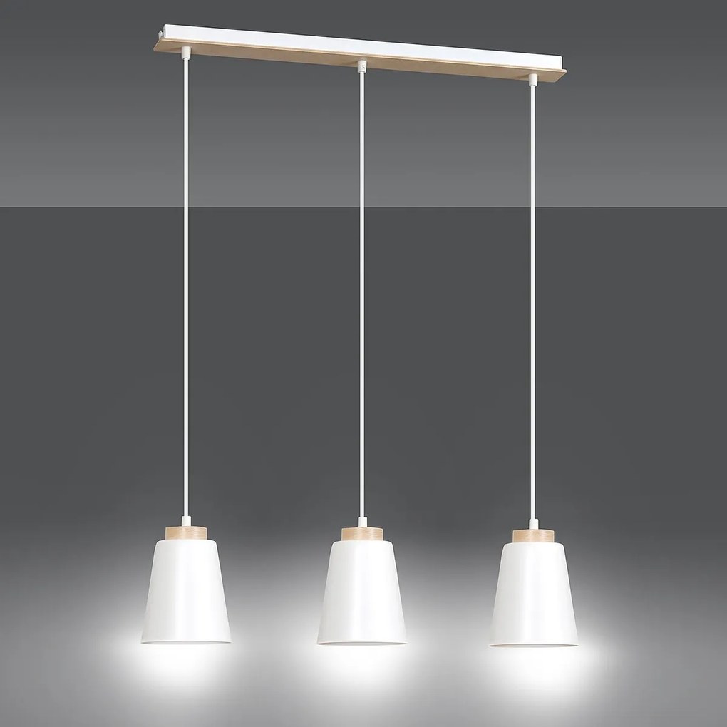 Lampadario 3 Luci Bolero Con Paralumi A Cono In Acciaio Bianco E Legno Naturale