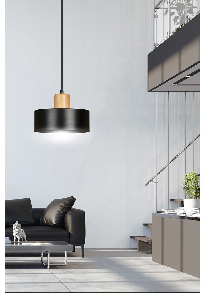 Sospensione Nordica 1 Luce Surya In Acciaio Nero E Legno