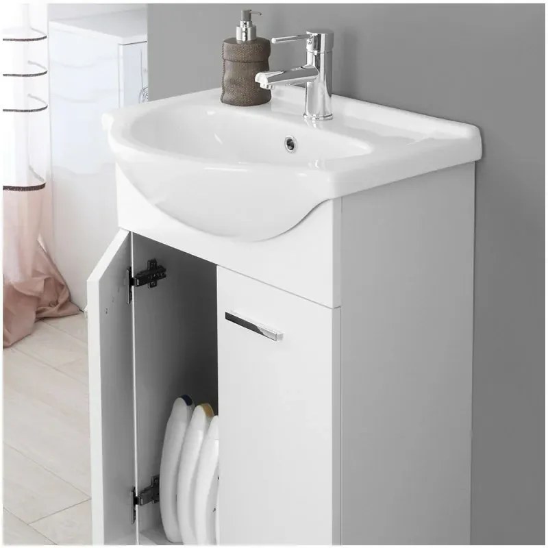 Mobile bagno a terra 55 cm bianco completo di lavabo e specchio Desya