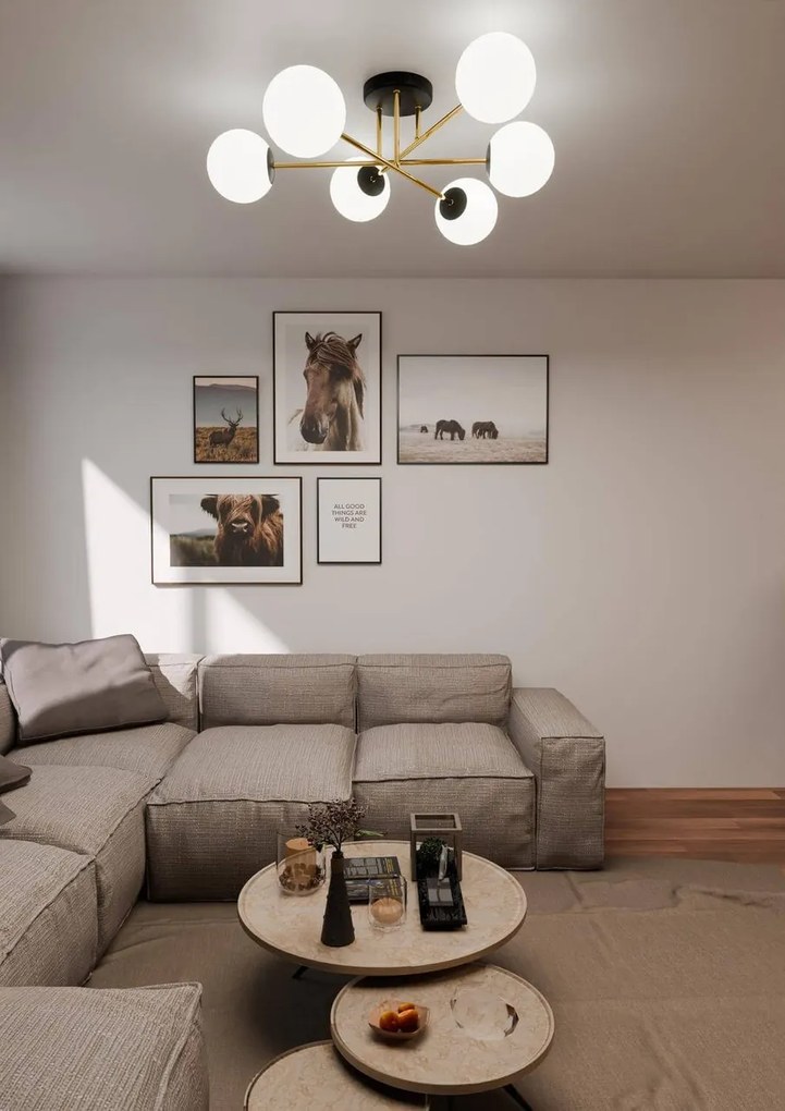 Lampadario Magnum Nero e Oro con 6 Sfere Satinate E14 da soffitto