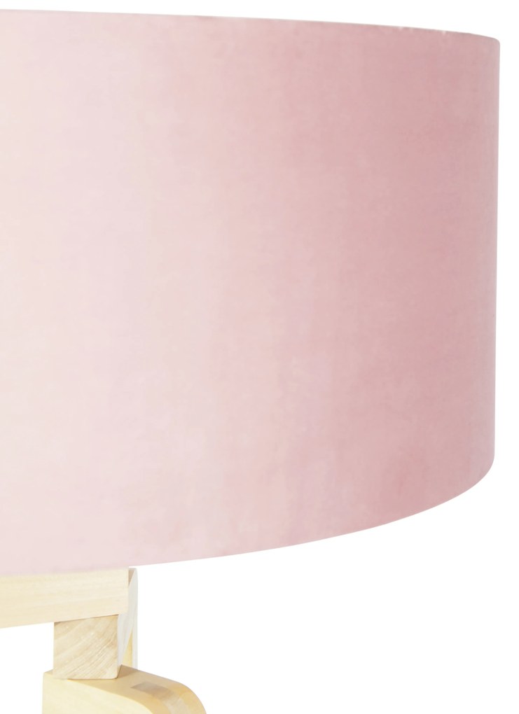 Lampada da terra treppiede in legno con paralume in velluto rosa 50 cm - Puros