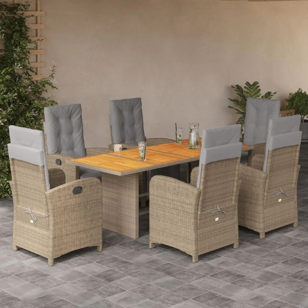 Set da pranzo da giardino 7 pz con cuscini beige in polyrattan