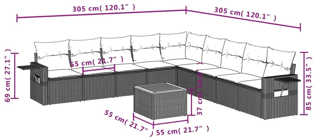 Set Divano da Giardino 10 pz con Cuscini Grigio in Polyrattan