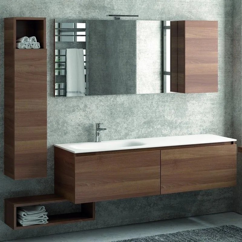 Kamalu - composizione bagno 155cm sospesa, composta da mobile con lavabo, specchio, colonna e pensile sp-155e