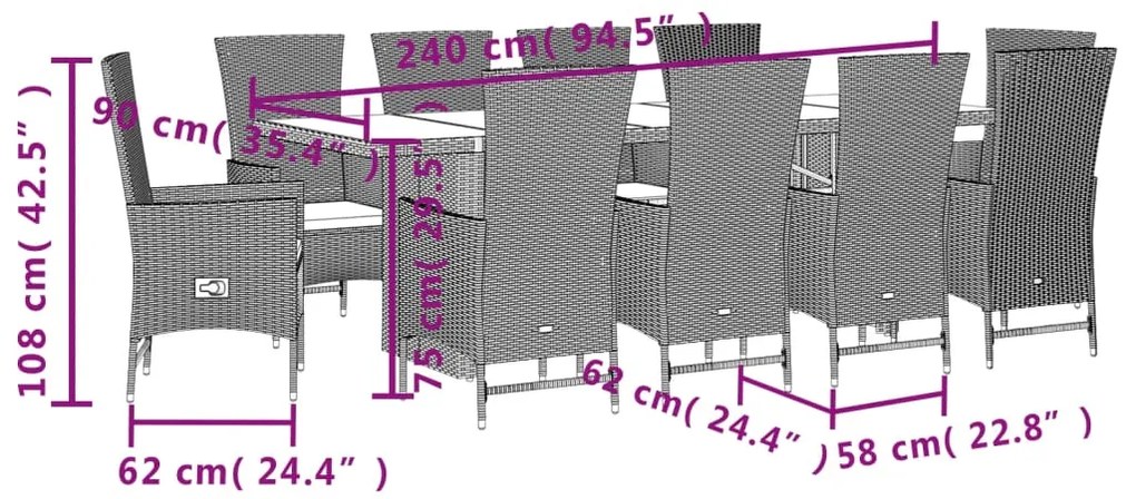 Set da pranzo da giardino 11 pz con cuscini beige in polyrattan