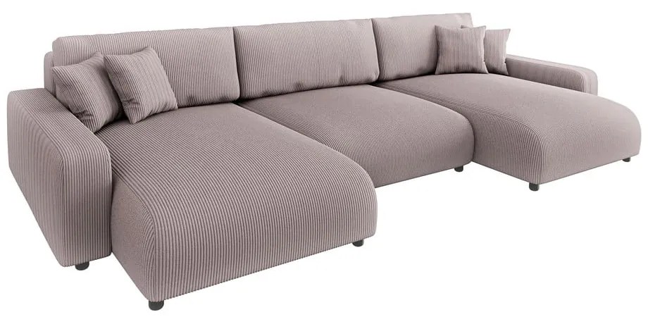 Divano angolare rosa chiaro allungabile/con contenitore (a U) con rivestimento in velluto a coste Sara – Ropez