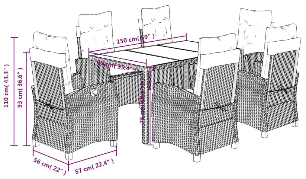 Set da Pranzo da Giardino 7 pz Nero con Cuscini in Polyrattan