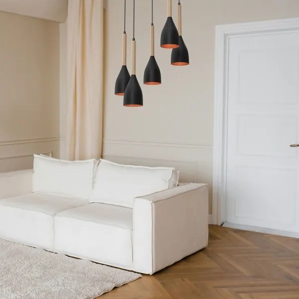 Lampadario a sospensione con filo MUZA 5xE27/15W/230V nero/beige/rame/faggio