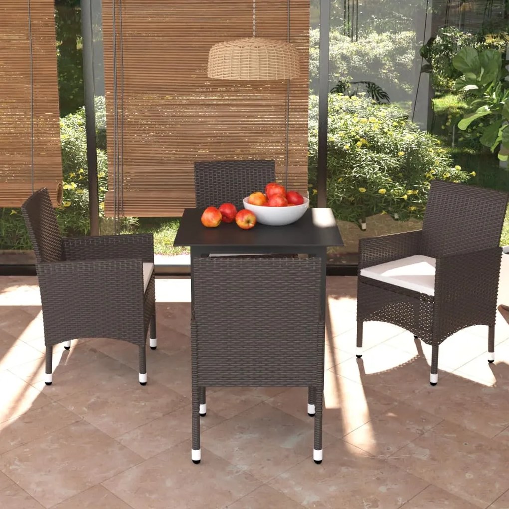 Set Da Pranzo Per Giardino 5 Pz Con Cuscini Polyrattan Marrone /
