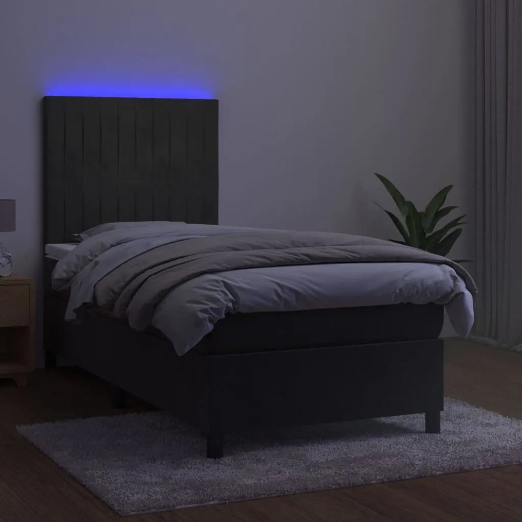 Letto a molle con materasso e led grigio scuro 90x200cm velluto