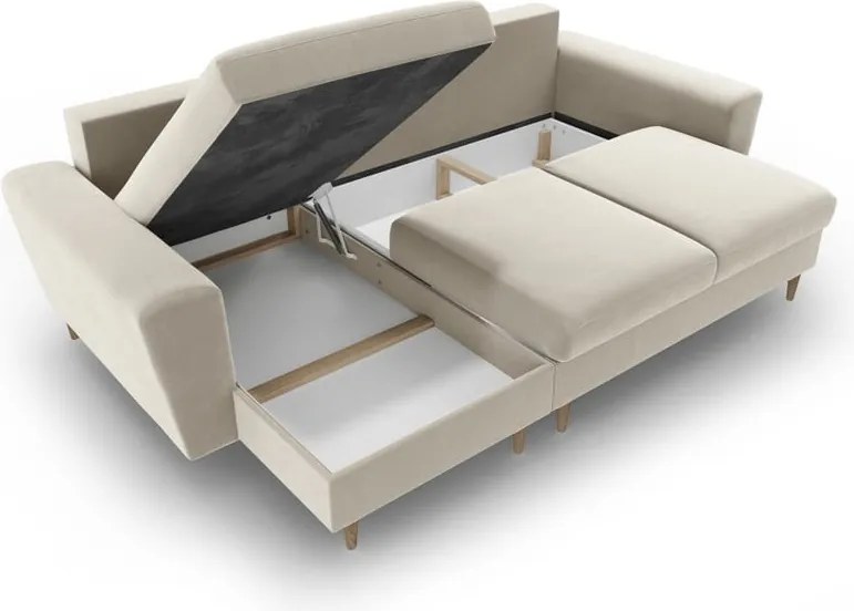 Divano angolare beige allungabile e con contenitore con rivestimento in velluto Kyoto – Cosmopolitan Design