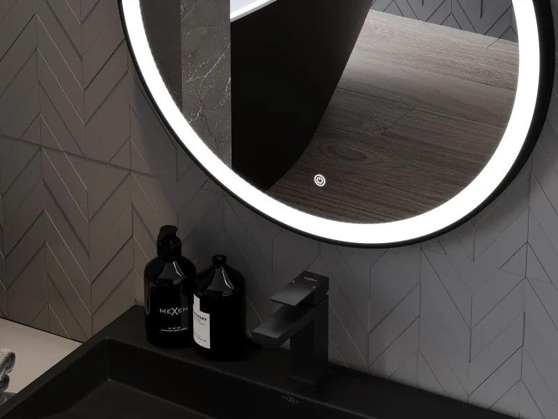 Mexen Esso specchio da bagno illuminato, rotondo 60 cm, LED 6000K, antiappannamento, cornice nera - 9825-060-060-611-70