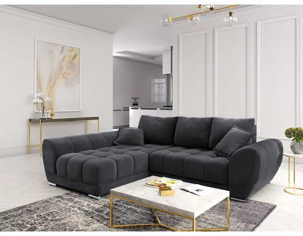 Divano letto angolare grigio scuro con rivestimento in velluto, angolo sinistro Nuage - Windsor &amp; Co Sofas