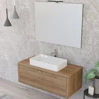 Composizione bagno sospesa Nyumba a 1 cassetto con lavabo, specchio e lampada LED 110x40 cm legno rovere