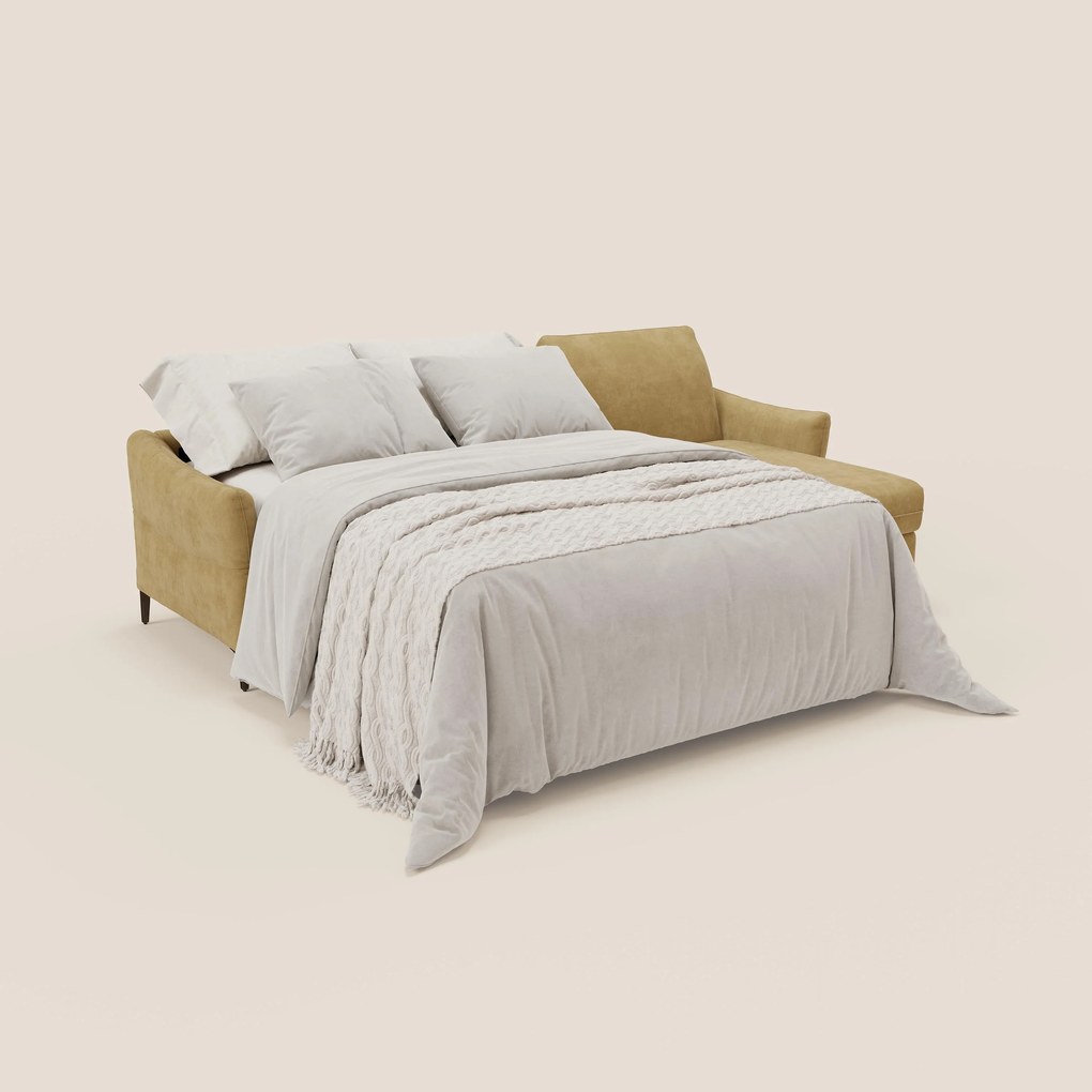 Dalia divano letto angolare con materasso alto 18 cm piedini alti e penisola contenitore in tessuto smacchiabile T17 giallo