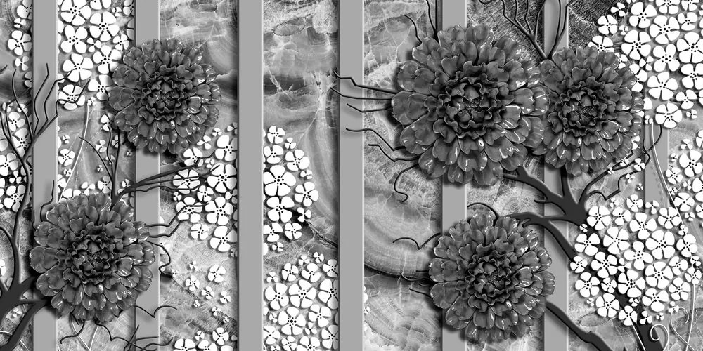 Quadro su tela – Fiori astratti su sfondo di marmo in bianco e nero