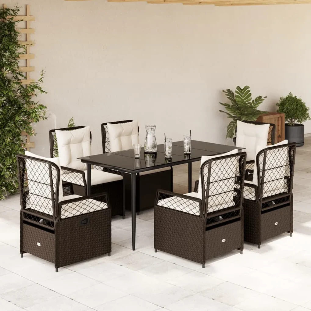 Set da pranzo da giardino 7pz con cuscini in polyrattan marrone