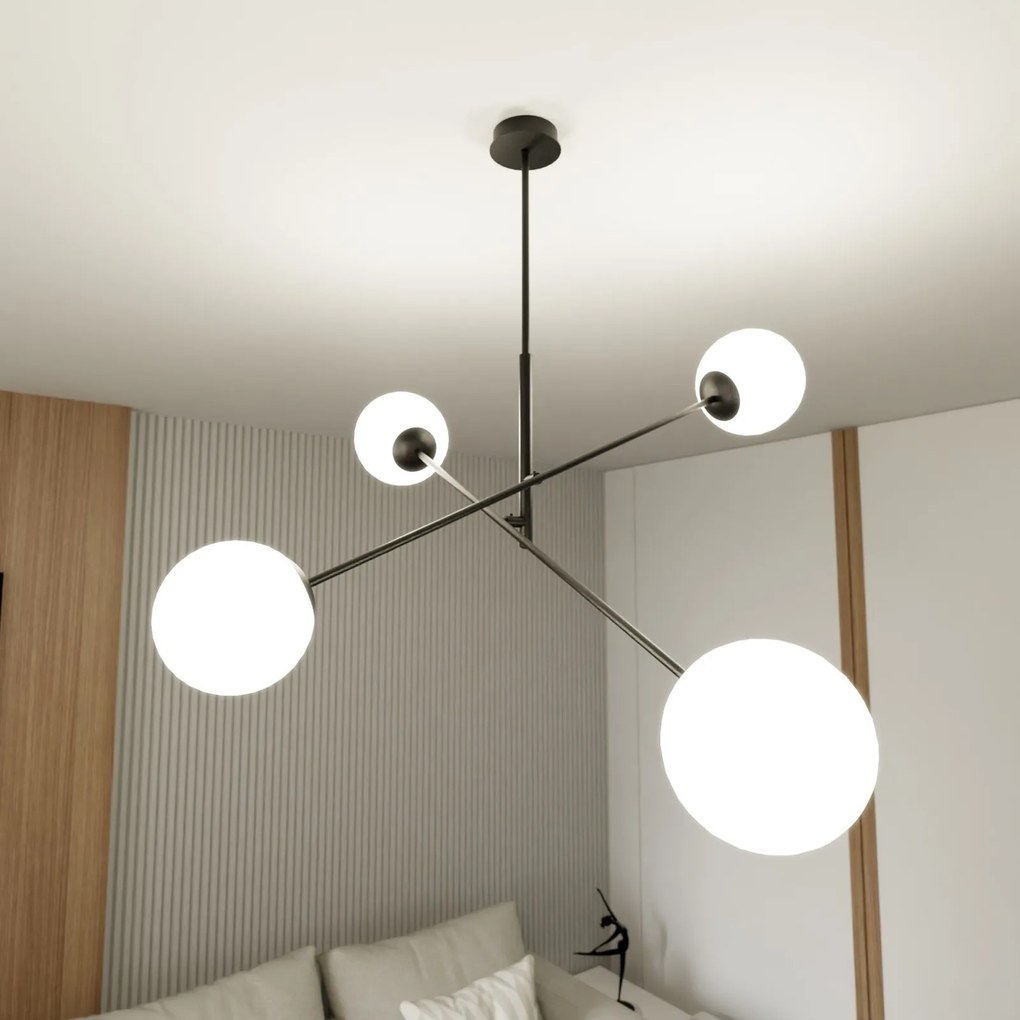 Lampadario 4 Luci Linear In Acciao Nero Con Bracci Regolabili E Vetro Opale