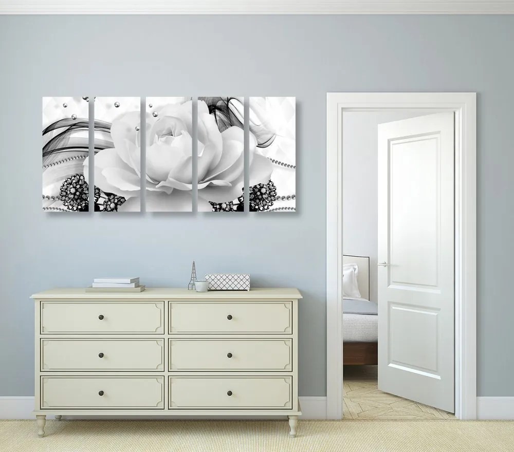 Quadri 5 pezzi – Rose lussuose in bianco e nero