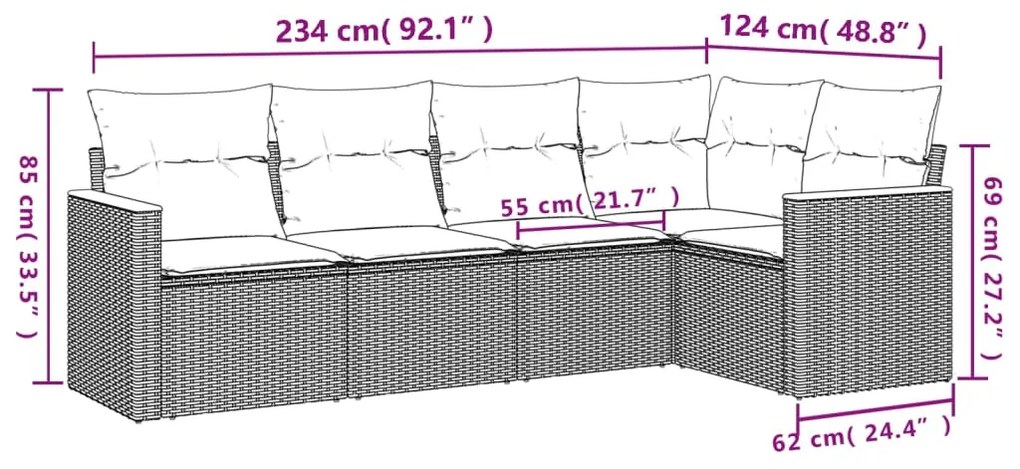 Set divani da giardino 5 pz con cuscini in polyrattan nero