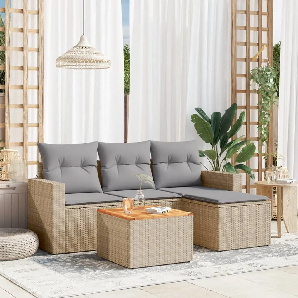 Set divano da giardino 5 pz con cuscini beige in polyrattan