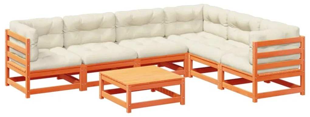 Set divani giardino 7 pz con cuscini marrone cera massello pino