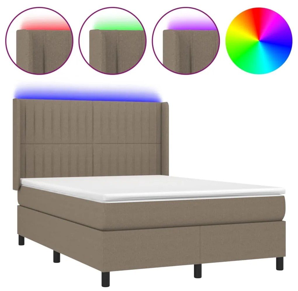 Letto a molle con materasso e led tortora 140x200 cm in tessuto