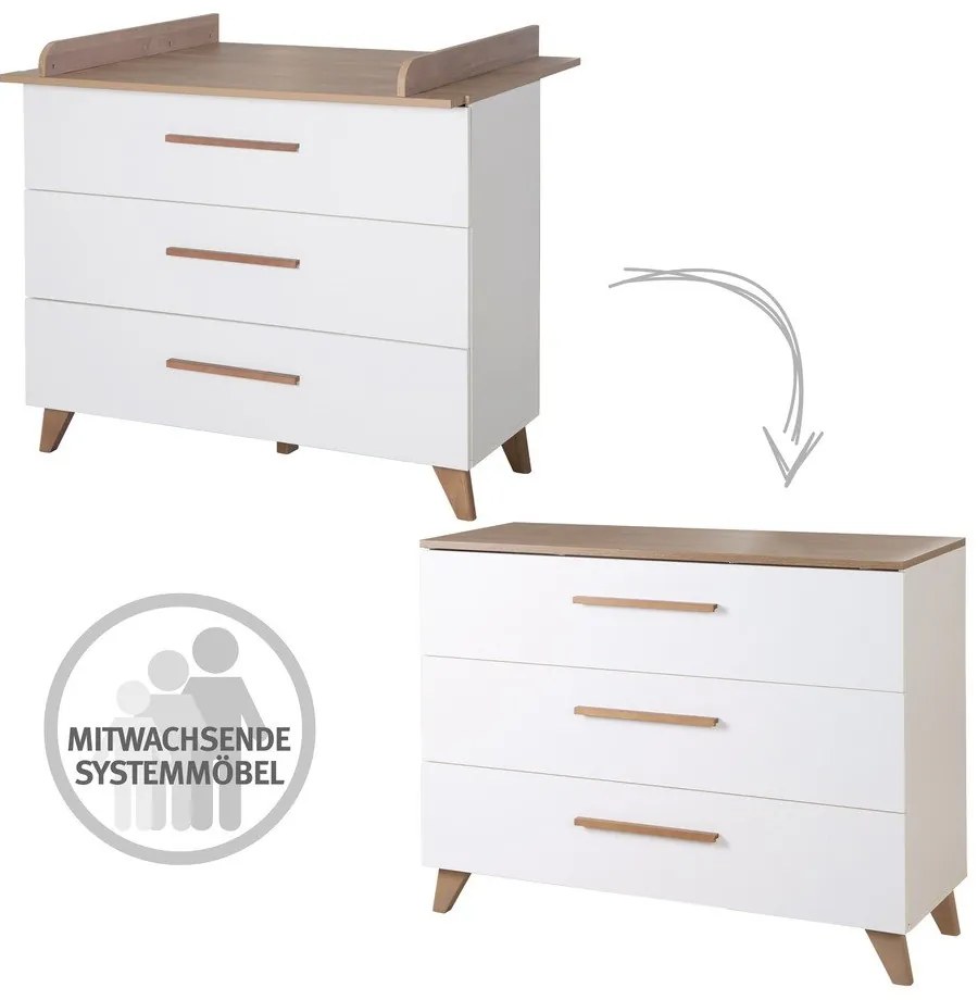 Cassettiera bassa per bambini in rovere con fasciatoio in bianco e naturale 110x98 cm - Roba