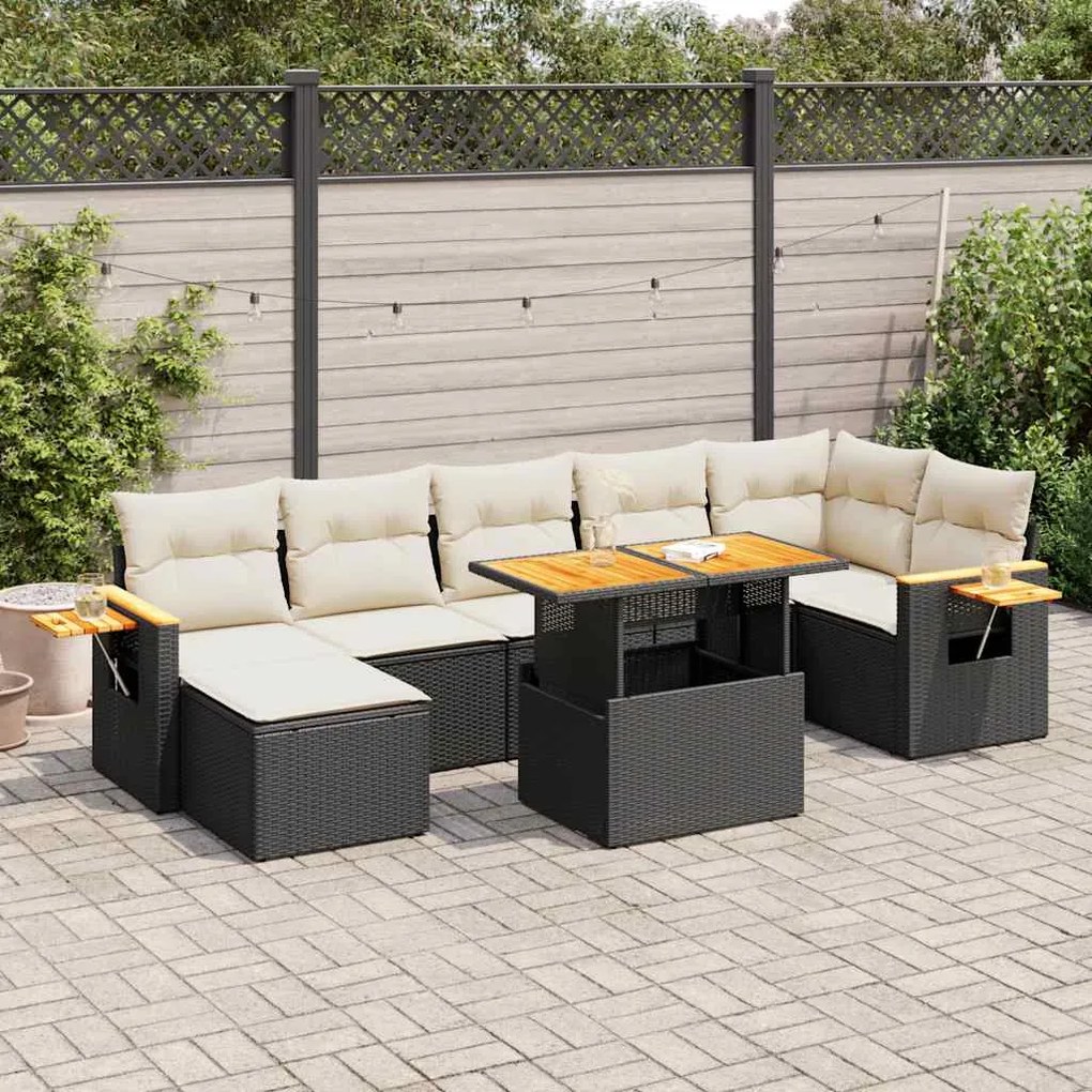Set divani da giardino con cuscini 8 pz nero polyrattan acacia