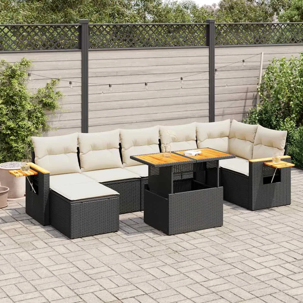 Set divani da giardino con cuscini 8 pz nero polyrattan acacia