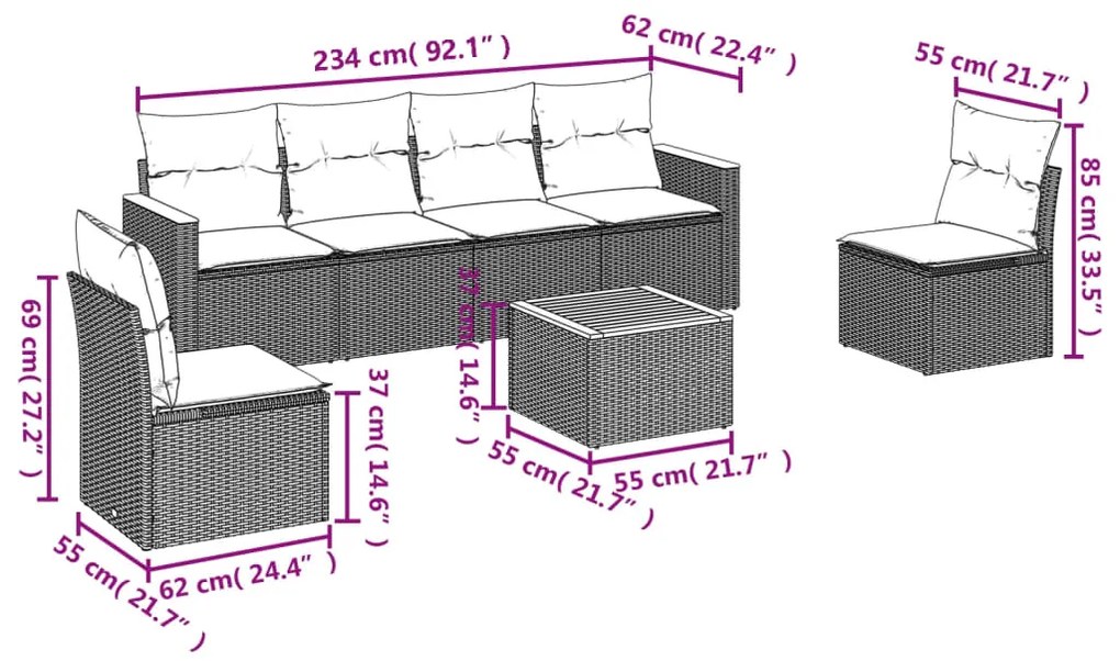 Set divani da giardino con cuscini 7pz nero polyrattan