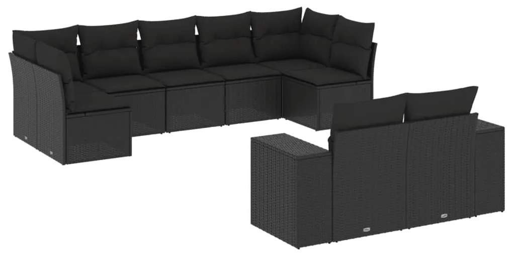 Set divani da giardino 9 pz con cuscini nero in polyrattan