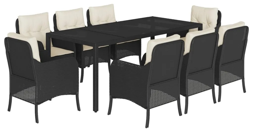 Set da pranzo da giardino 9 pz con cuscini nero in polyrattan