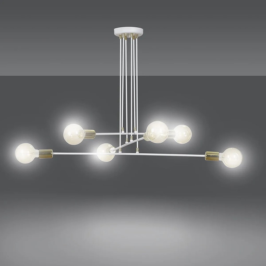 Lampadario Industrial 6 Luci Vesio A Bracci In Acciaio Bianco E Oro