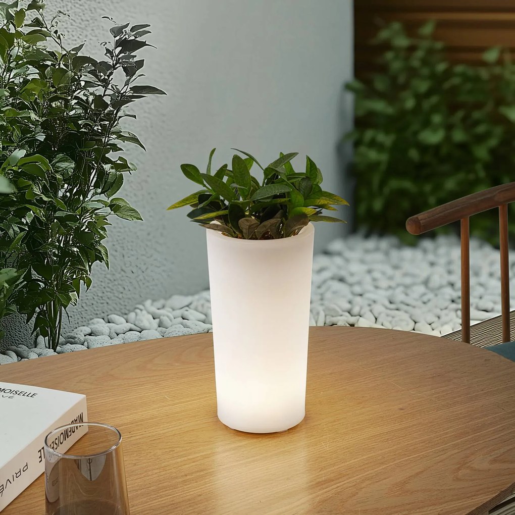 Vaso di fiori ricaricabile Lindby LED Florista, RGB, IP54, Ø 12 cm, bianco