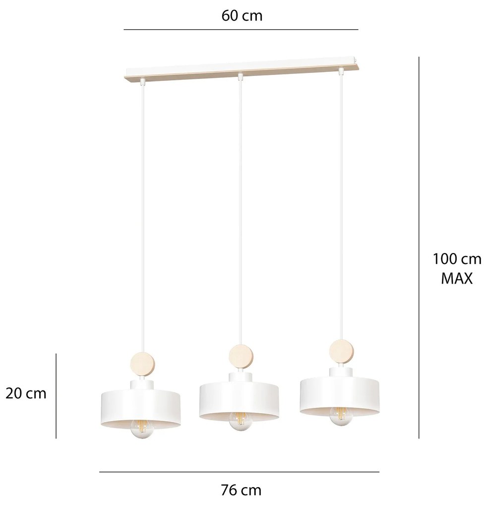 Lampadario 3 Luci Tuniso In Acciaio Bianco E Paralumi Con Legno Naturale