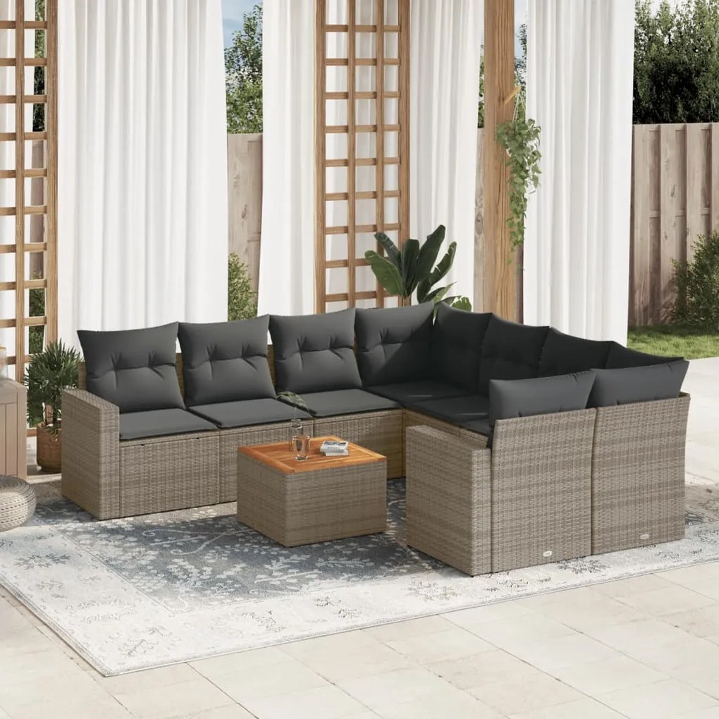 Set Divano da Giardino 9 pz con Cuscini Grigio in Polyrattan