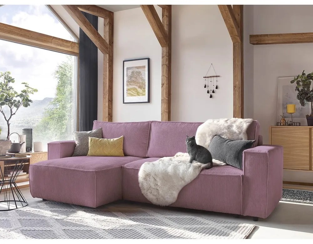 Divano letto a coste rosa ad angolo variabile Nihad - Bobochic Paris