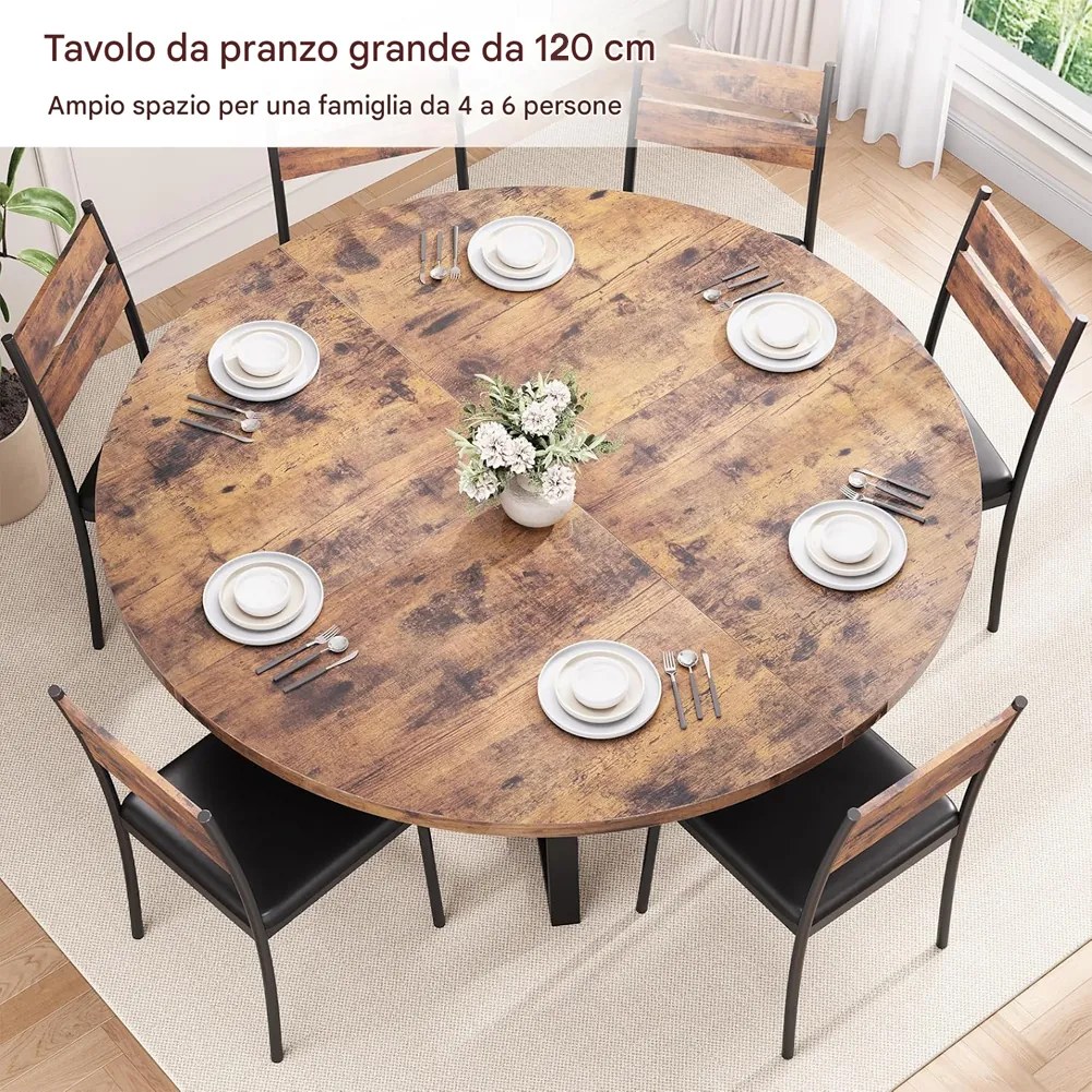Tavolo per Sala da Pranzo Tondo Ø120 cm Stile Industrial con Ripiano Effetto Legno...