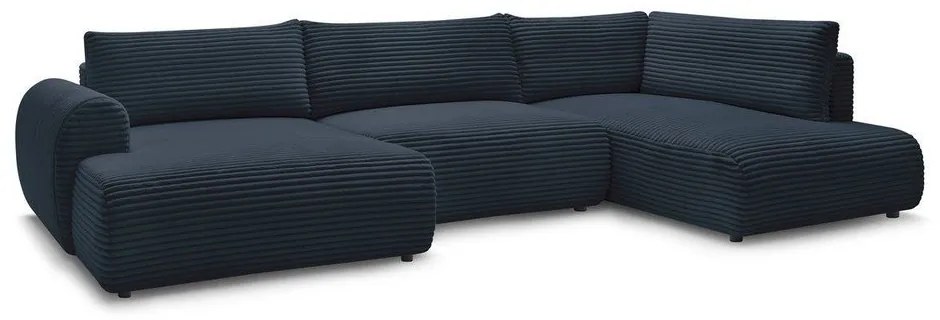Divano angolare in blu scuro allungabile (con penisola a sinistra/a forma di "U") con rivestimento in velluto a coste Lucien – Bobochic Paris