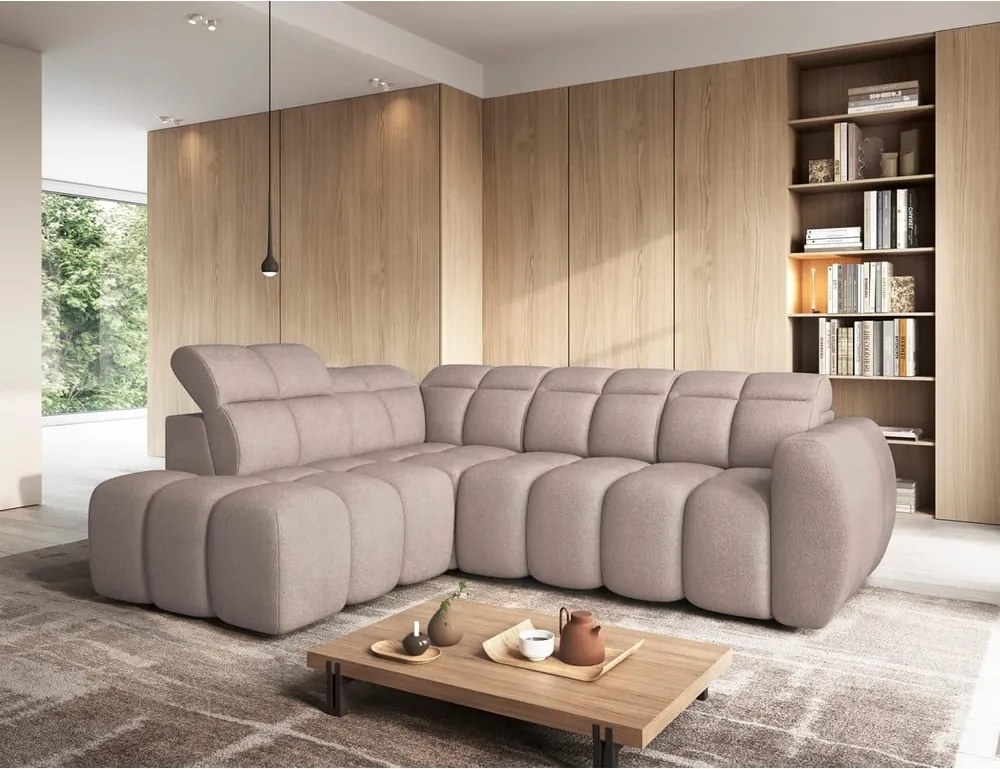 Divano angolare marrone chiaro allungabile/con contenitore (con penisola a sinistra/a L) e rivestimento in bouclé Falconn – ELTAP