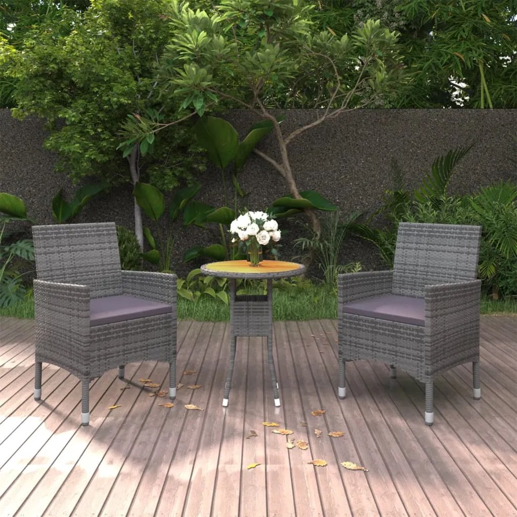 Set da pranzo per giardino 3 pz in polyrattan grigio