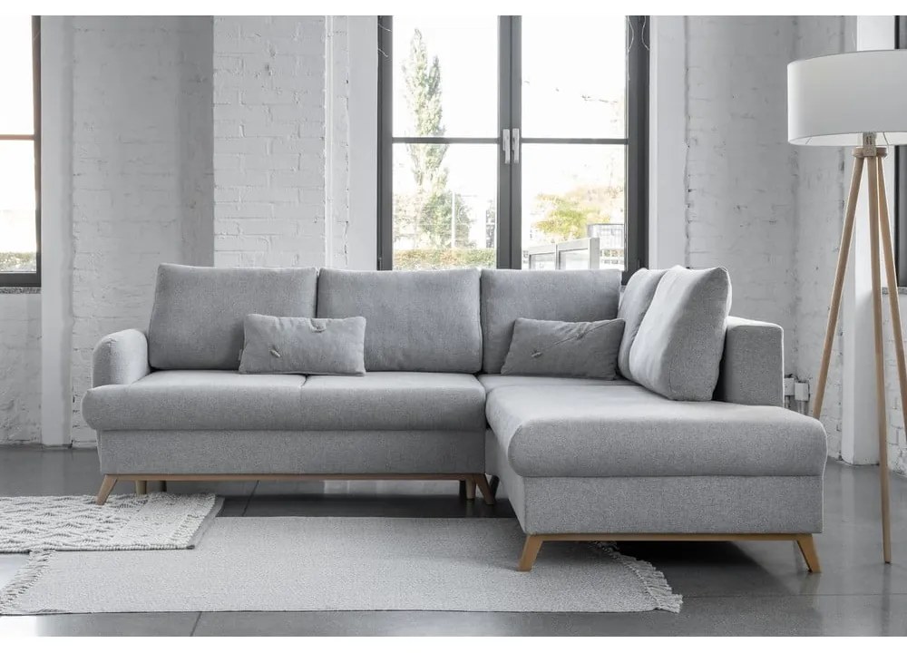 Divano angolare grigio chiaro allungabile/con contenitore (con penisola a destra/a L) Scandic Lagom – Miuform