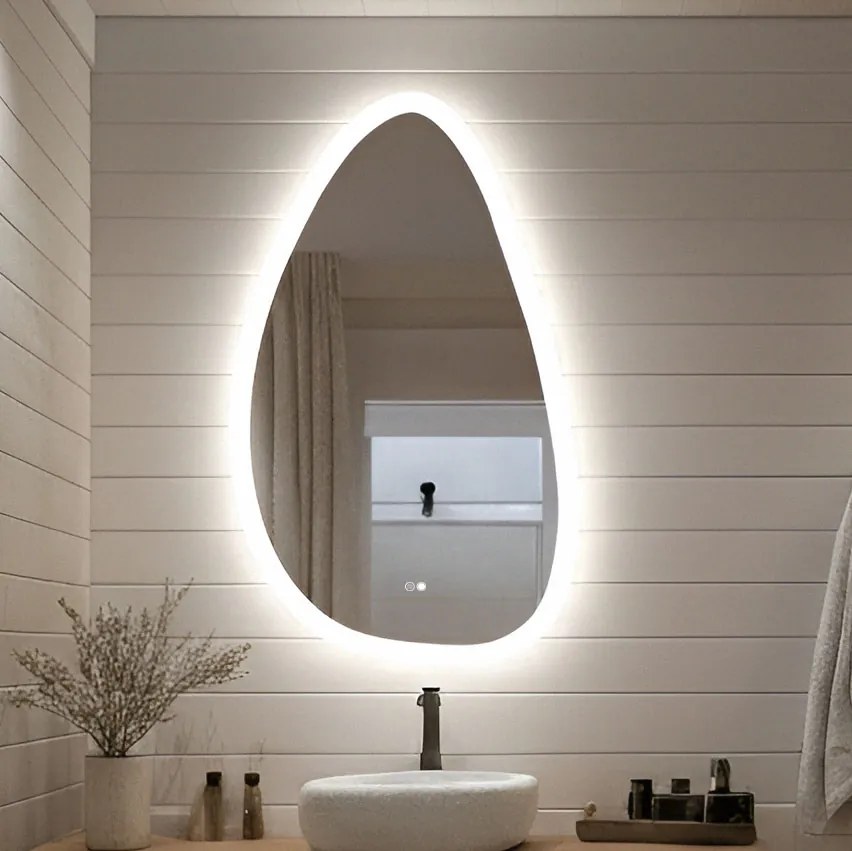 Specchio irregolare con illuminazione, 64×104 cm, bicolore, interruttore touch, tappetino riscaldante
