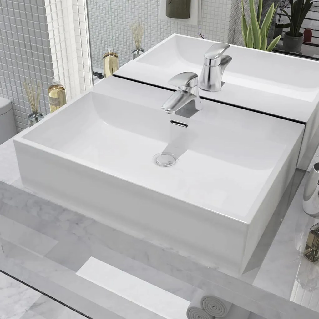 Lavandino Con Foro Rubinetto Ceramica Bianca 60,5x42,5x14,5 Cm /