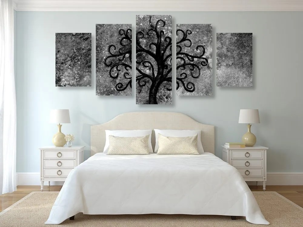 Quadri 5 pezzi – Albero della vita in bianco e nero