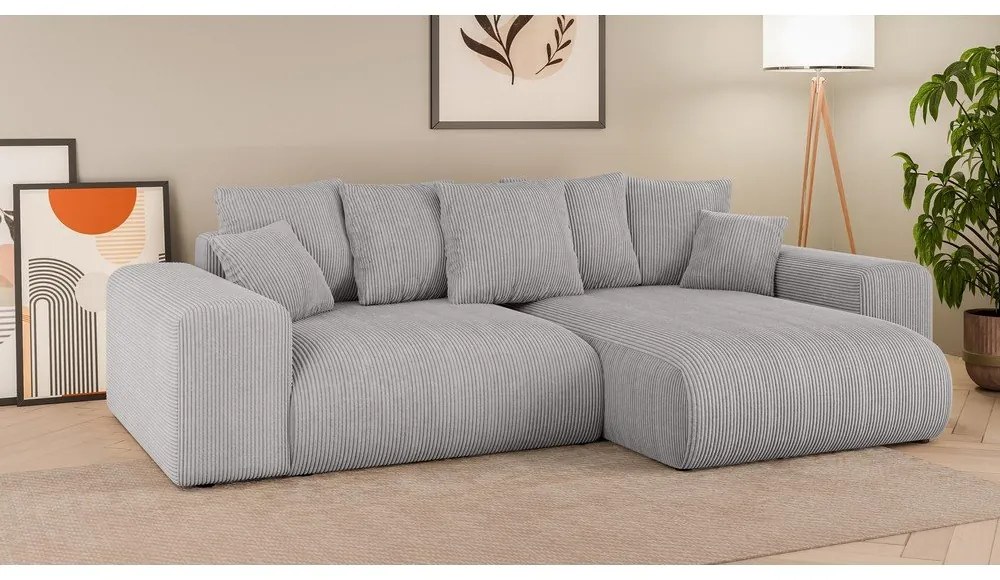 Divano angolare grigio chiaro allungabile/con contenitore (con composizione variabile) con rivestimento in velluto a coste Luma – Ropez