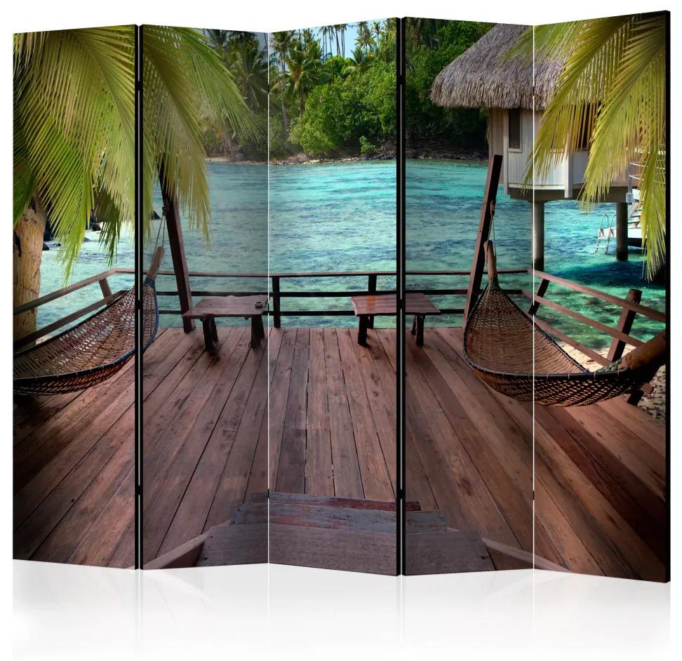 Paravento design Relax estivo II (5 parti) - vista sul mare e sulle palme tropicali