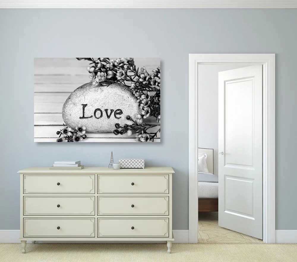 Quadro su tela – Con scritta su pietra Love in bianco e nero
